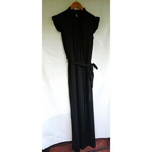 Women's SheKiss Black Solid Wide-Leg Jumpsuit M Belted Elastic Waist High Neck